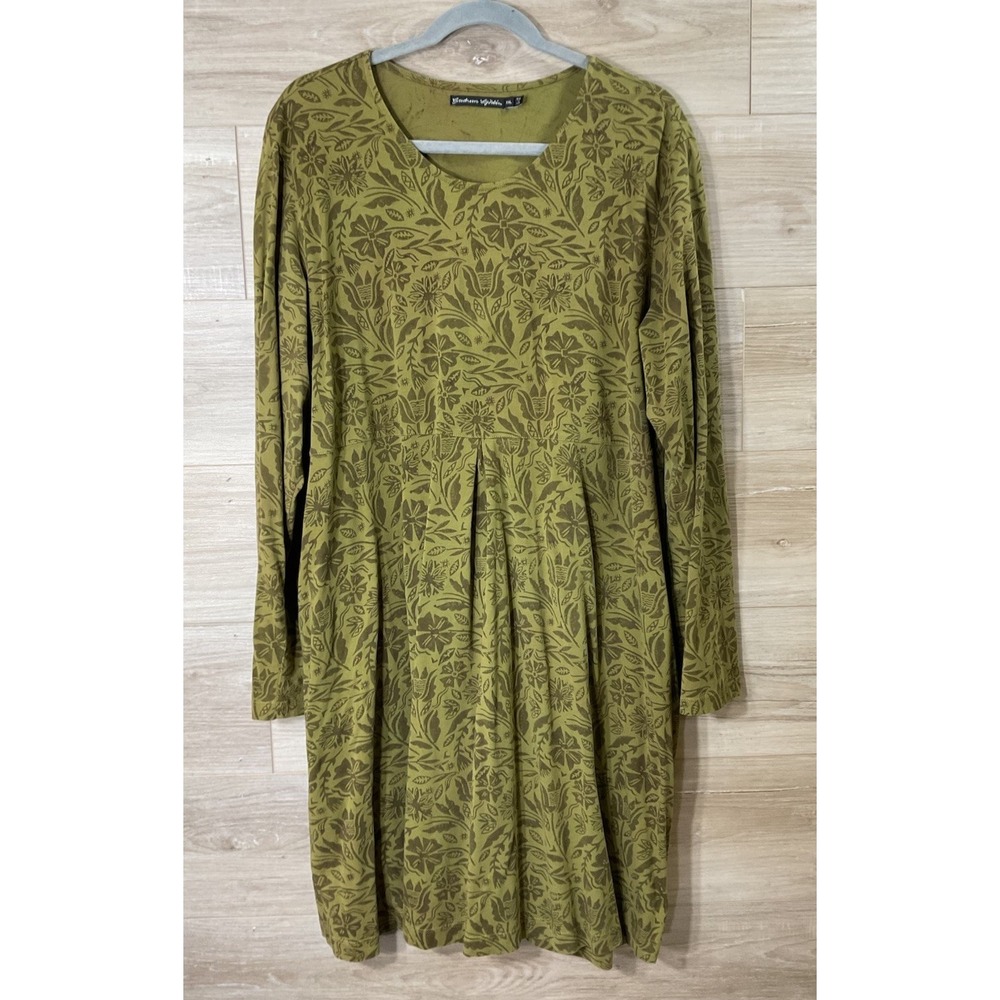 Gudrun Sjoden XXL Olive Green Floral Organic Cotton Tunic Dress Earthy
